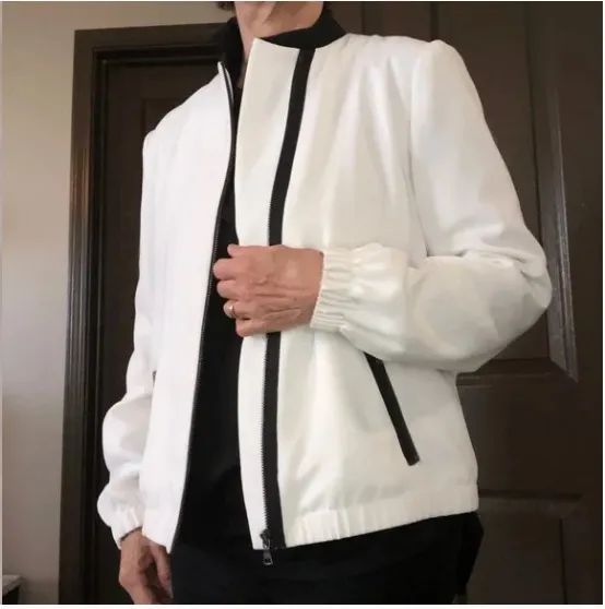 Tahari White Bomber Jacket Asymmetric Zip Fully Lined Sz 4 - Image 5