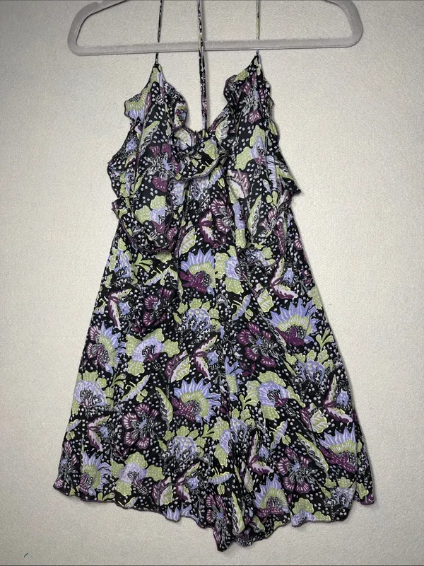 Free People Floral Spaghetti-Strap Romper in Black, Lavender, Lime - Image 4
