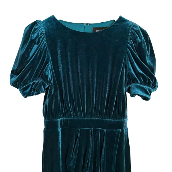 Yumi Kim Tamra Green Velvet Puff Sleeve Faux Wrap Midi Cocktail Dress Size Small - Image 7