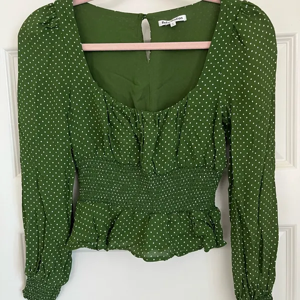 Reformation Hearth Green Dotted Smocked Blouse Size 4 - Image 10