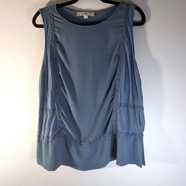 Ann Taylor LOFT Blue Sleeveless Crochet Lace Trim Blouse Top Large Boho‎ Whimsy - Image 2