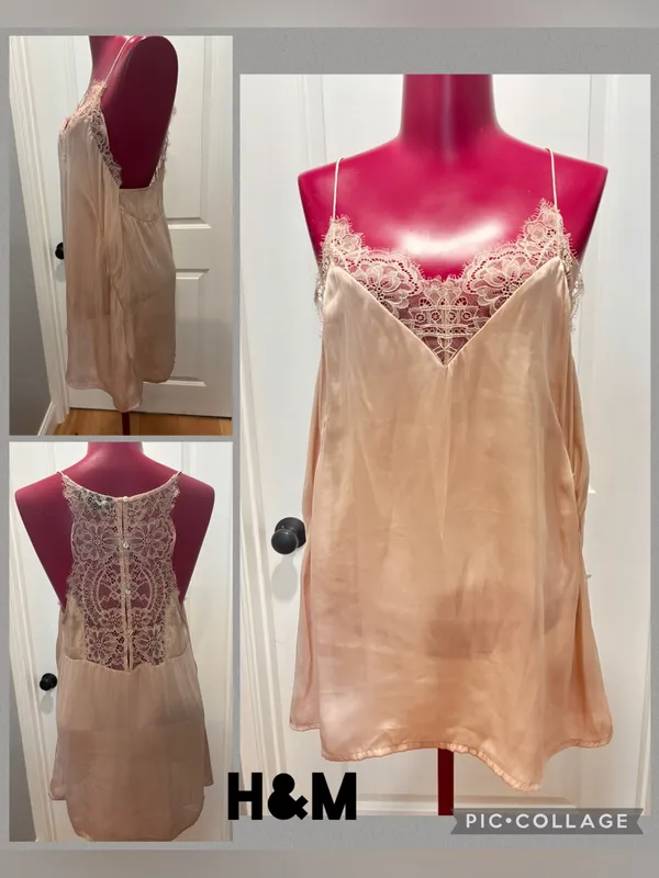H&M Women's Lace Trim Satin Slip tunic top blush pink - Image 2
