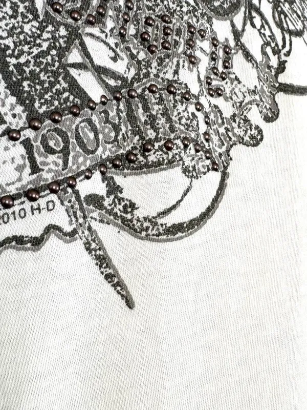 Y2K Harley-Davidson Cream White Studded Wing Embellished Biker Motorcycle Tee L - Image 5