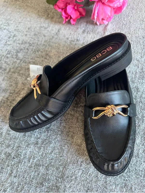 BCBG Black Leather Mules with Gold Knot Detail - Image 4