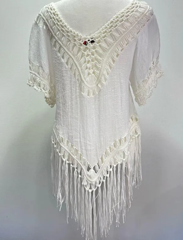 Boho Hippie White Gauzy Cotton & Crochet Lace with Fringe Top Size Medium - Image 3