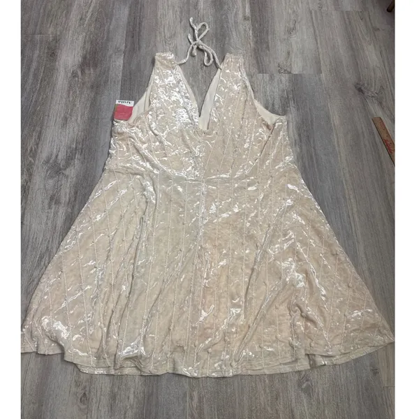 Arula Ivory Crushed Velvet V-Neck Lace Up Back Mini Dress Plus Size 3X NEW - Image 7