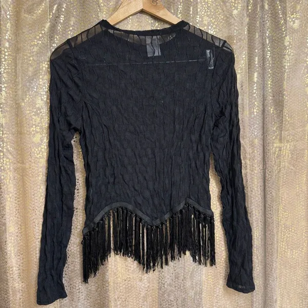 Moa Moa Black Sheer Textured Fringe Bottom Long Sleeve Top Large NWT - Image 2