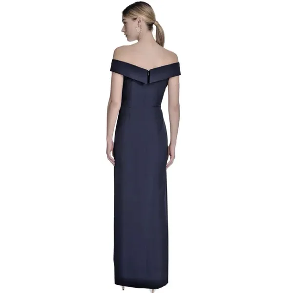 Eliza J Pleated Off Shoulder Gown Dress Size 4 $218 Navy Blue Crepe - Image 5
