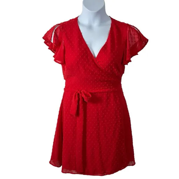 Lulus Much to Celebrate Red Swiss Dot Wrap Dress Large - Image 4