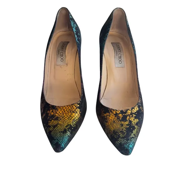 Jimmy Choo Multicolor Metallic Snake‑Print Suede Pumps Size 38 Pointed Heels - Image 3