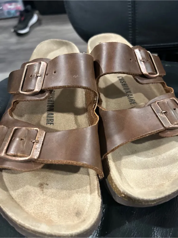 Cushionaire Double-Buckle Brown Leather Slide Sandals 7w - Image 4