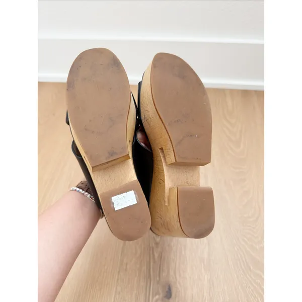 Tory Burch Black T Criss-Cross Wood Wedge Platform Boho Chunky US 6.5 - Image 4