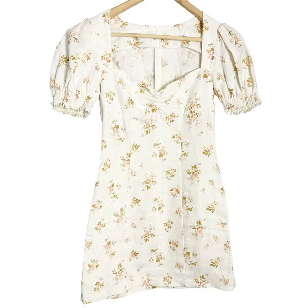 Reformation Gina 100% Linen Cream Floral Print Puff Sleeve Coquette Mini Dress 0 - Image 2