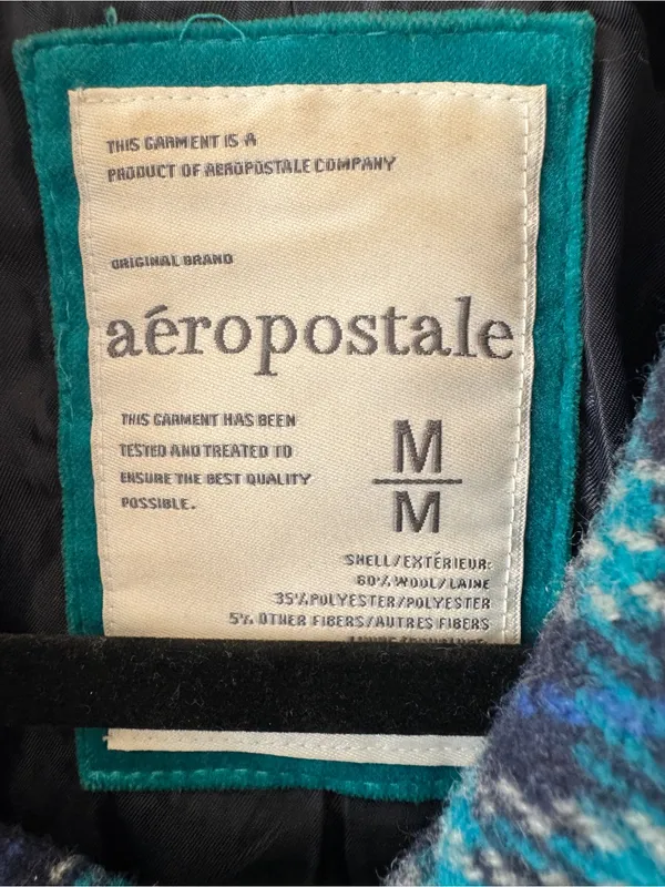 Vintage Y2K Aeropostale Medium Plaid Wool Blend Peacoat Womens M Double Breasted - Image 4
