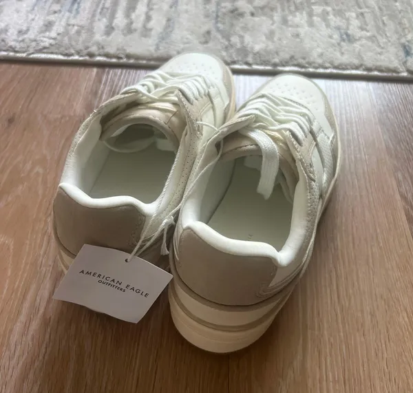 American Eagle White Beige Taupe Varsity Retro Sneaker Chunky Platform Shoes - Image 6