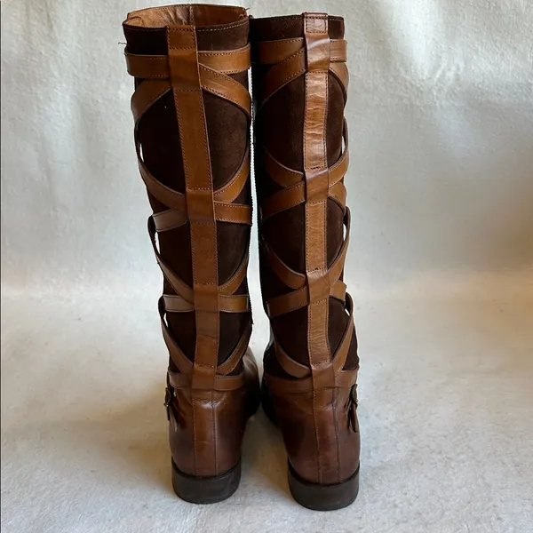 Frye Brown Leather Knee-High Boots with Suede criss cross accents size 8.5 - Image 8