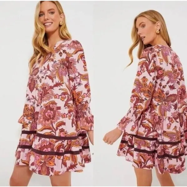 NEW Tuckernuck Pink Ornate Chintz Mini Dress Floral Tiered size Small - Image 2