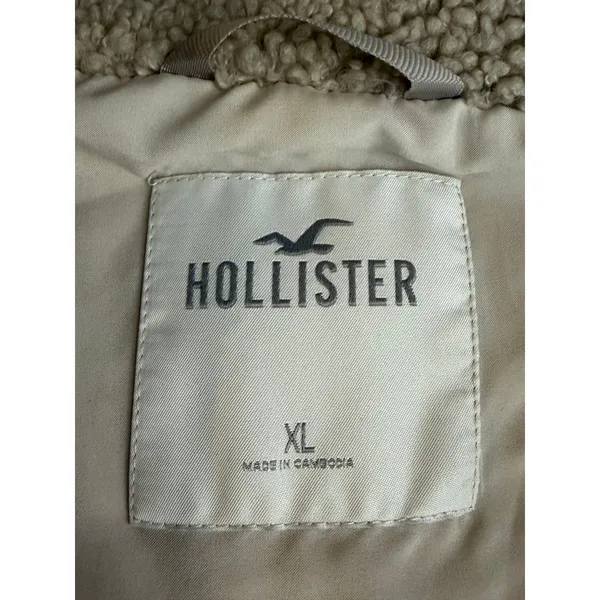 Hollister Cropped Sherpa Fleece Zip Front Jacket XL Beige Teddy Boxy Coat - Image 6