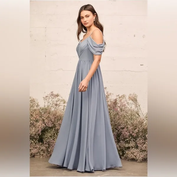 Lulus Lost In The Romance Chiffon Gown Slate Blue Small Prom Bridesmaid Formal - Image 3