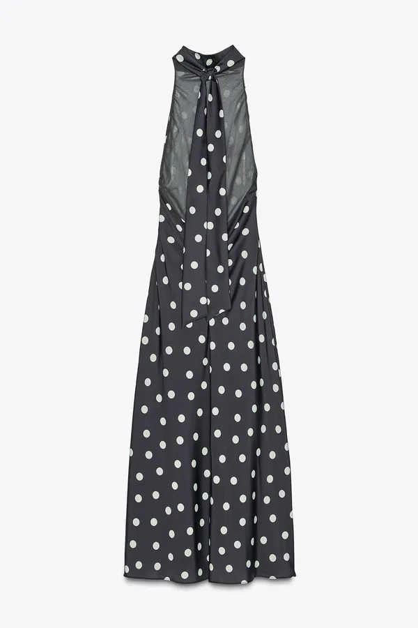 Zara Black Polka Dot Halter Satin Scarf Maxi Dress - Image 4