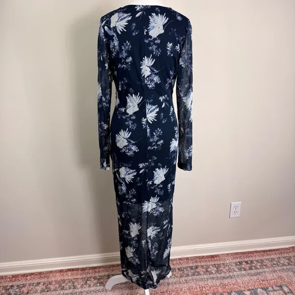 Abercrombie &‎ Fitch Navy Blue Floral Ruched Mesh Maxi Dress Large Stretch NWT - Image 3