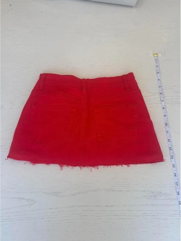 PrettyLittleThing Red Distressed Denim Mini Skirt Size 0 - Image 4