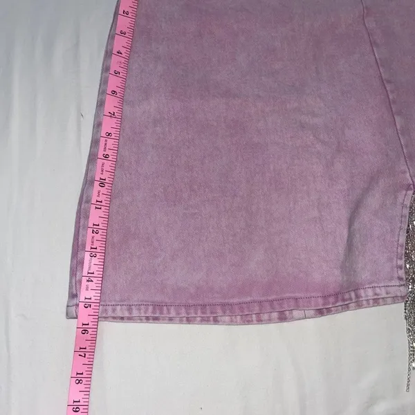 Sparkle Rhinestone Fringe Pink Denim Mini Skirt. Women’s Large-High Waisted - Image 5