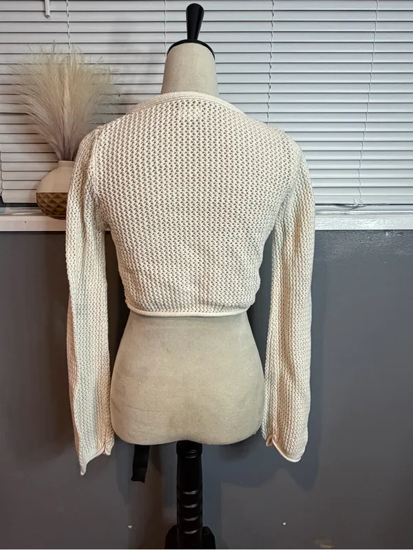 Cotton On Cream Open Knit Tie Front Cropped Cardigan Size S - Image 6