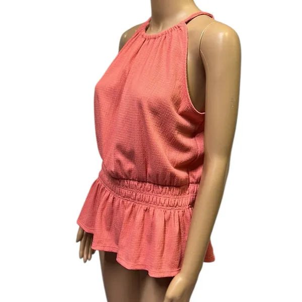 Nine West Peach Sleeveless Halter Keyhole Back Peplum Smocked Tank Top Blouse M - Image 3