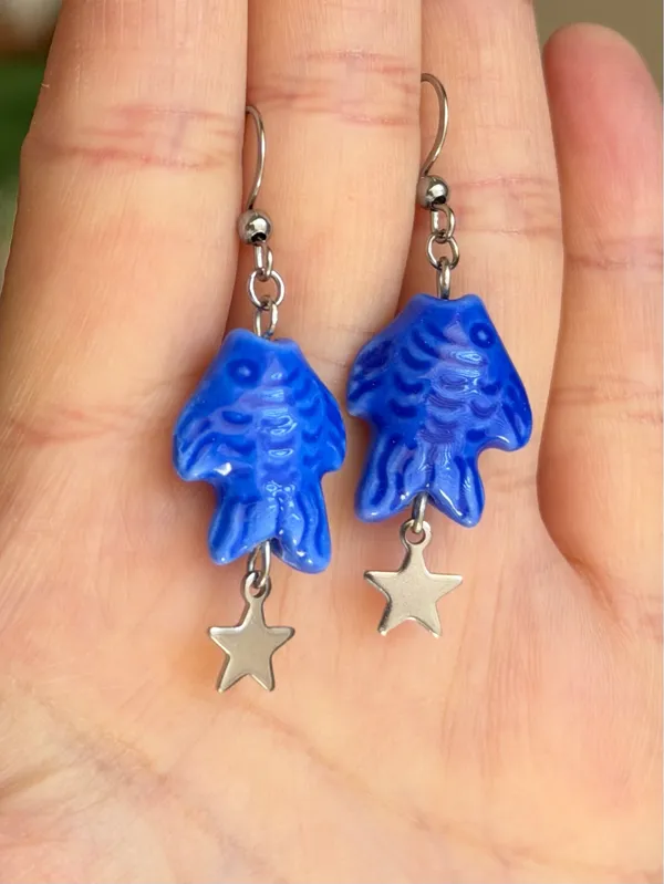Handmade unique funky cute blue ceramic fish & star dangle earrings ⭐️🐟💕 - Image 3