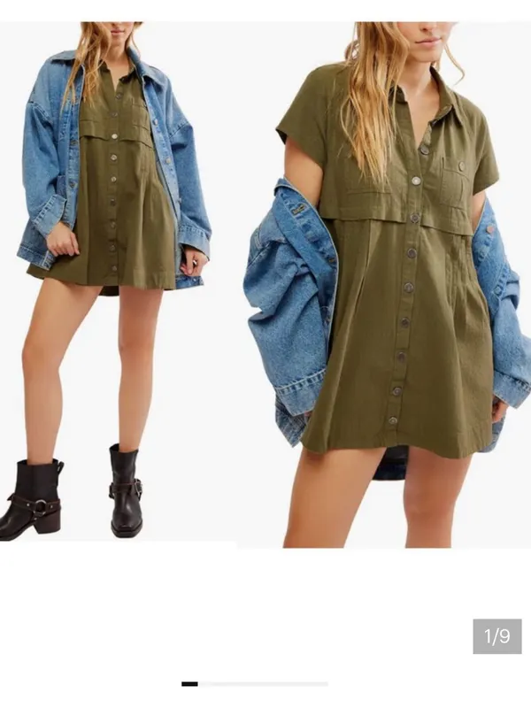 Free People Olive Green Short-Sleeve Button Front Tunic - Image 3