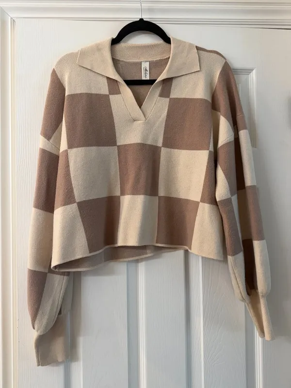Mahina COlor Block Neutral Crop Collared Sweater Top Size Small Check - Image 3