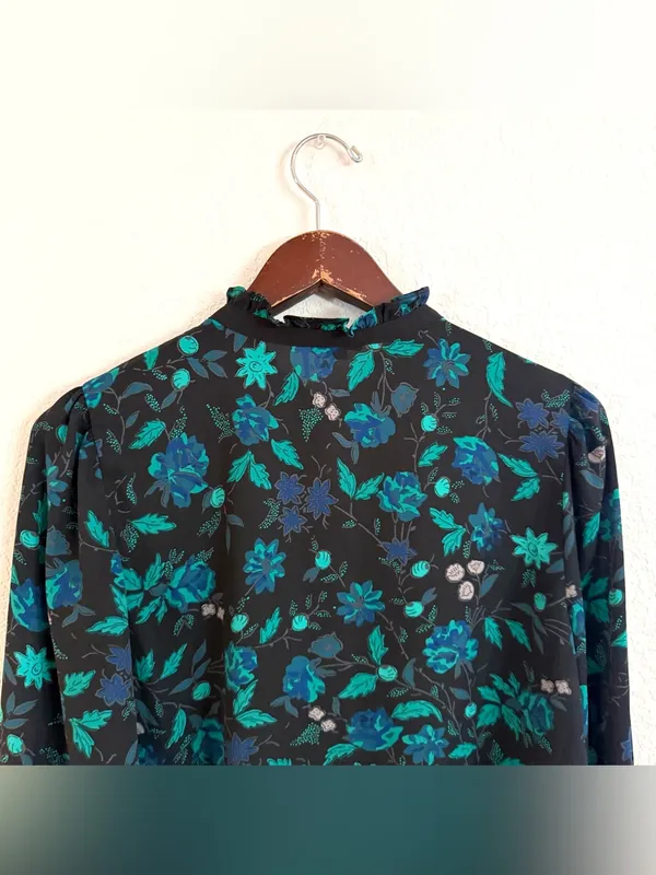 Ann Taylor Womens Shirt Blouse Blue Green Floral Long Sleeve Button Up Large - Image 4