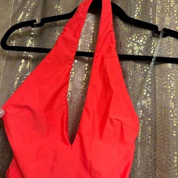 Tiger‎ Mist Neon Coral Amazon Plunging Ruched Halter Dress Small NWT Flawed - Image 4
