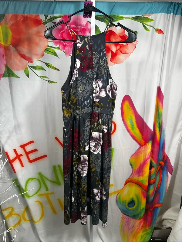 S260. Everly- Dark Floral Halter Midi Dress - Multicolor Floral Print - Image 2