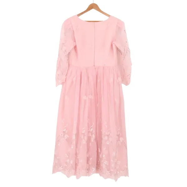 Vintage 70s Pink Floral Embroidered Sequin Maxi Dress Womens Size L Princess - Image 3