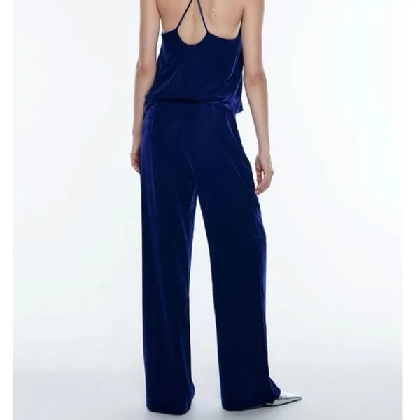 Zara Blue Velvet Velour High Waist Wide Flared Leg Crop Ankle Trousers Pants S - Image 3