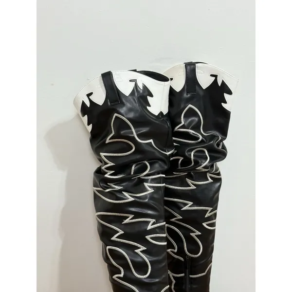 Women's Black & White Cowboy Western Boots Knee High Embroidered Block Size 6 - Image 5
