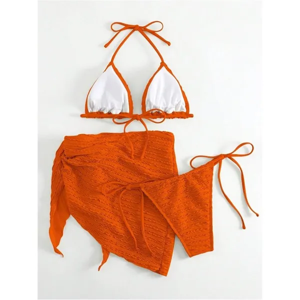 Women's 3 Piece Swimsuit Halter Triangle String Bikini Set Orange LARGE - Image 4