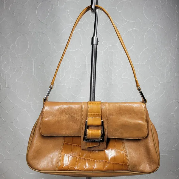 VTG Franco Sarto Y2K Leather Shoulder Bag Tan Alligator Trim Baguette Purse - Image 5