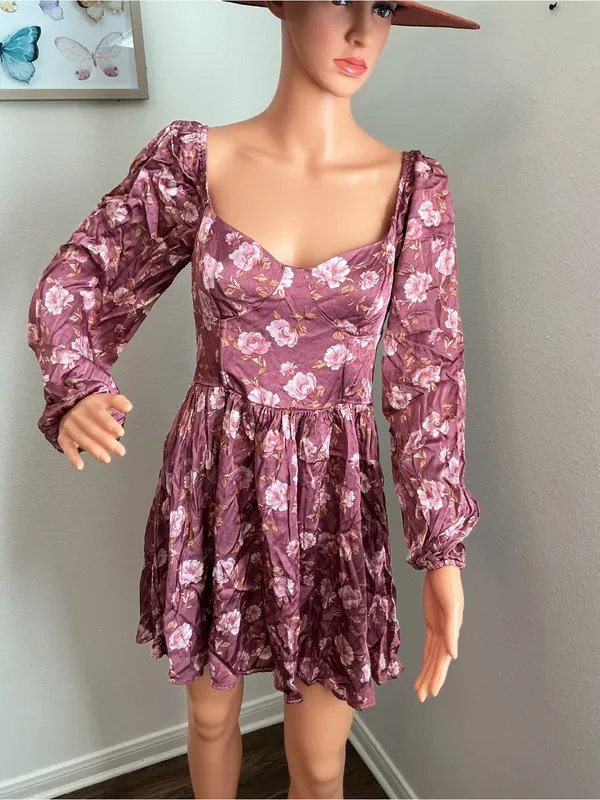 Altar’d State Floral Long Sleeve Mini Dress Mauve Size M - Image 4