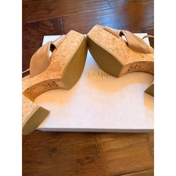 Jimmy Choo Beige Leather Platform Sandals with Cork Heel - Image 6