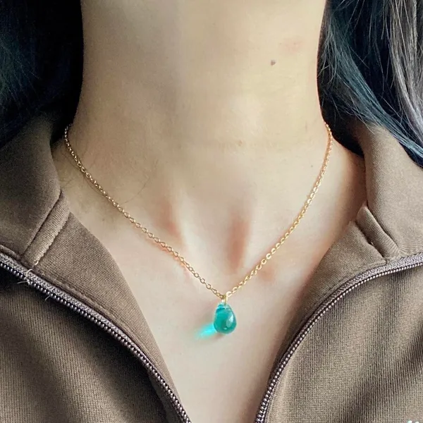 Handmade aqua teardrop Czech glass simple minimalist gold chain necklace💙 - Image 6