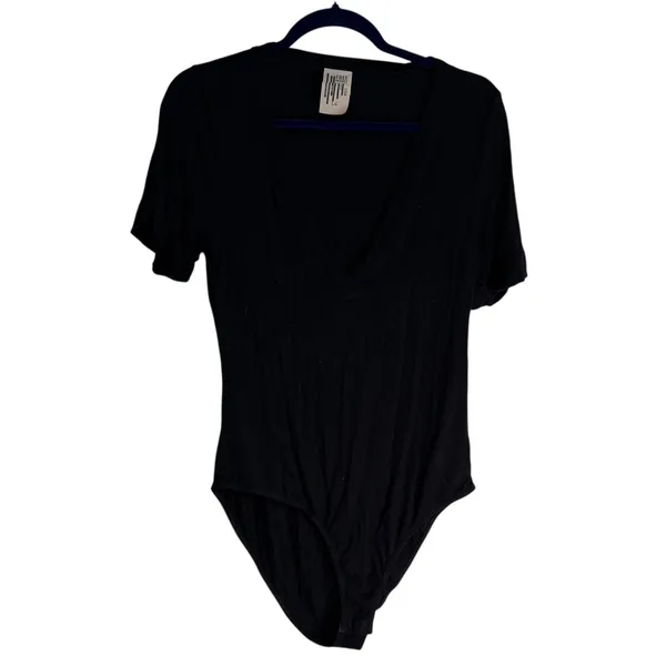 Free People Black Deep V Neck Short Sleeve Thong‎ Bodysuit L Made in USA - Image 2
