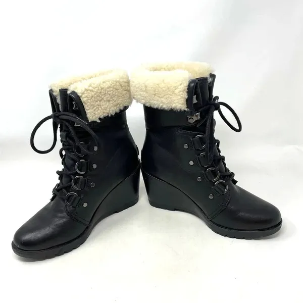 Sorel After Hours Lace Shearling Boot Black‎ Leather Wedge Size US 6 - Image 5