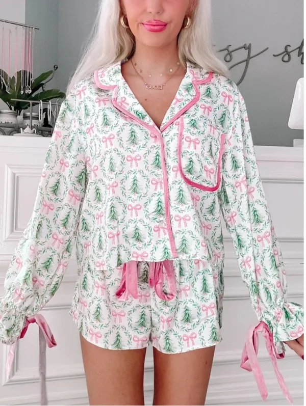 Under The Tree Christmas Pajama Set With Velvet Ties Top XS Bottoms M - Image 2