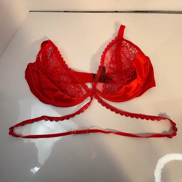Ann Summers Red Lace Trim Balconette Bra Eyelash Trim Straps‎ Size XL Strappy - Image 4