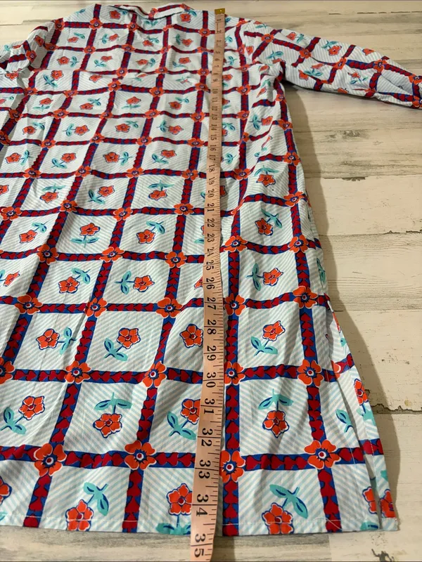 Livro Floral Grid Cotton Tunic Dress in Blue and Orange and Red - Image 7