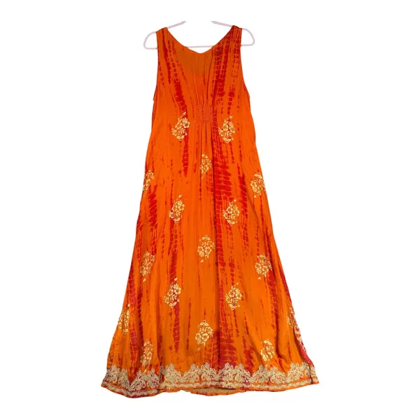 Soft Surroundings Size-L Maxi Dress Orange Tie Dye Metallic Gold Embroidered - Image 3