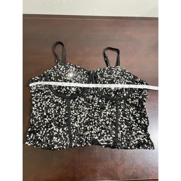 Sequin Corset Bustier Top Underwire Adjustable Straps Black Silver M Size M - Image 7